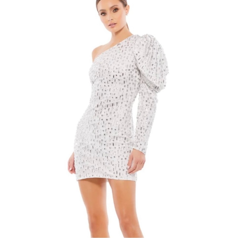 Mac Duggal White One Shoulder Beaded Long Sleeve Mini Dress, NWT, size 2